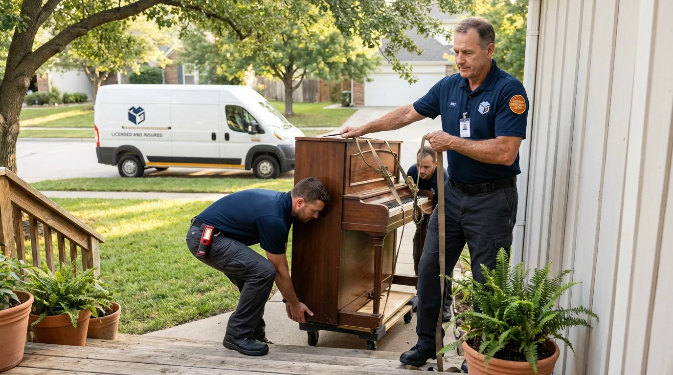 Licensed piano movers securing grand piano in Pinckney, MI