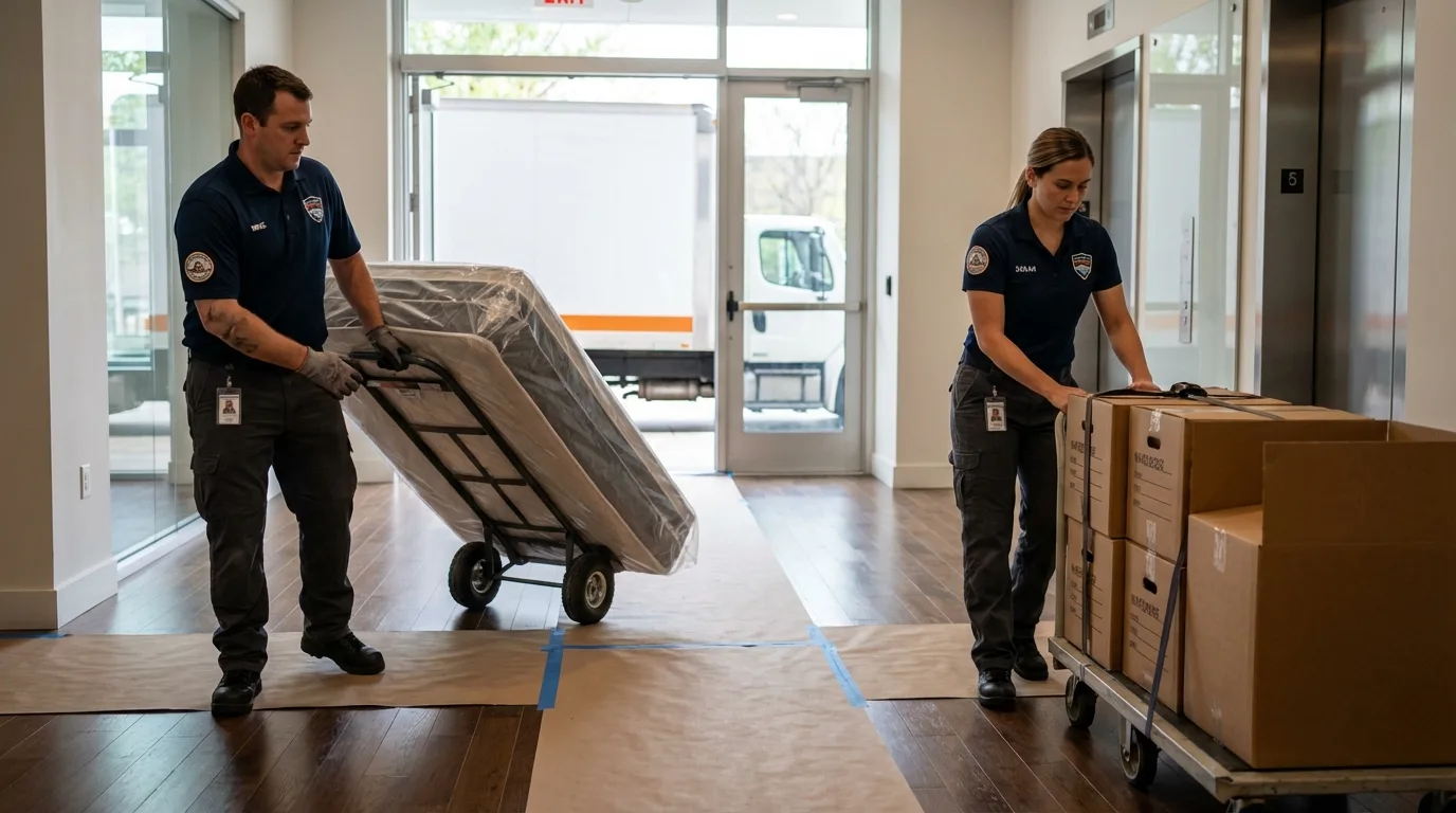 Professional apartment movers loading elevator in Pinckney, MI