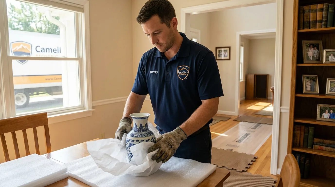 Professional crew carefully wrapping antique vase for senior downsizing move in Pinckney, MI
