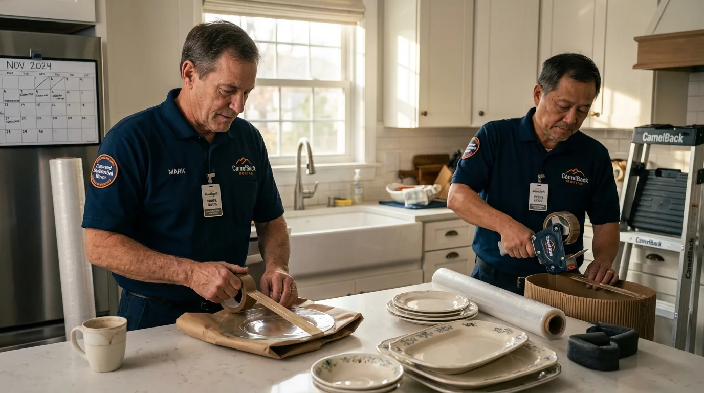 Professional crew packing kitchen dishware in Pinckney, MI